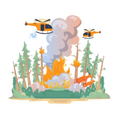 Forest Fire Disaster with Helicopters Dropping Water Over Wildfire Vector Illustration