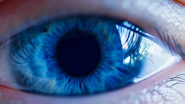 Close-up view of a human eye, vibrant blue iris and eyelashes