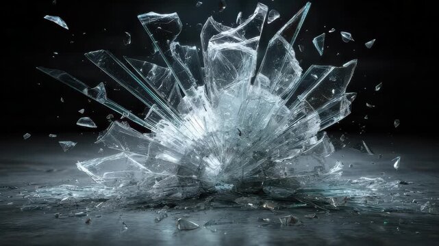 Glass shatters on a hard surface at night creating a burst of sharp fragments scattered around