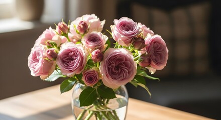 Obraz premium Bouquet of pink roses in vase on wooden table