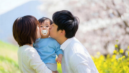 Fototapeta premium 赤ちゃんの頬にキスをする両親と春の風景