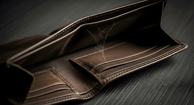 An empty brown leather wallet with a spider web inside symbolizing poverty or lack of money