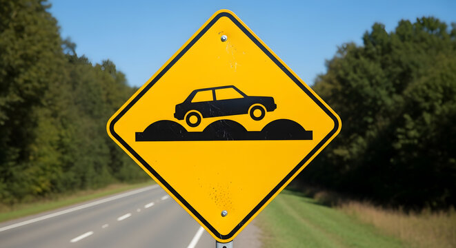 A yellow diamond shaped warning traffic sign showing a car jumping over multiple road bumps