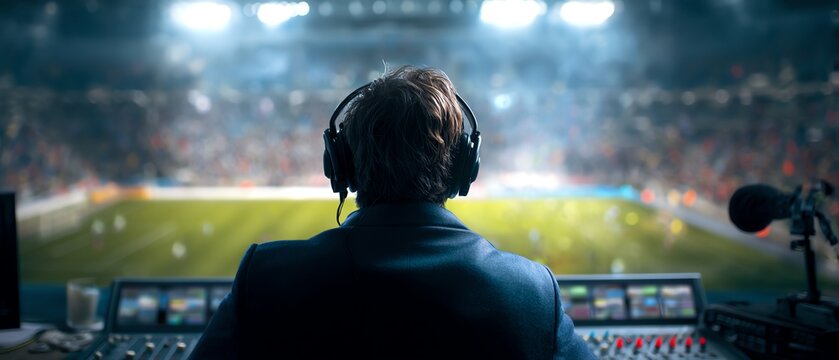 Sports commentator analyzing a live match.