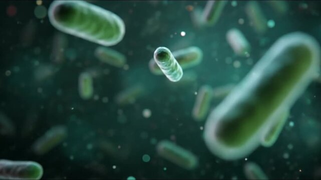 3D rendered animation of bacillus bacteria drifting like bioluminescent jellyfish in the deep blue ocean of a dark microscopic cell environment