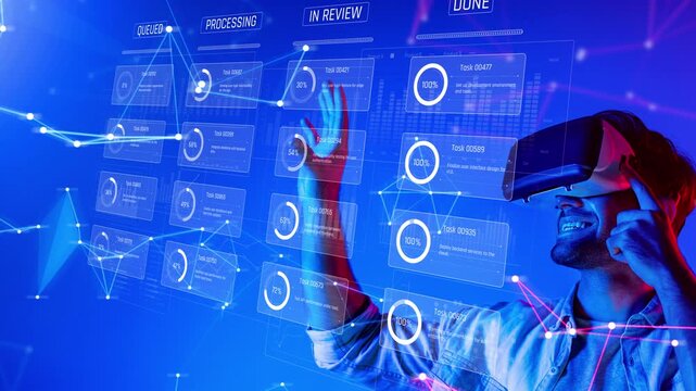 A person engages with virtual reality technology, using a VR headset to interact with dynamic data visualizations and progress tracking systems in a modern digital space. Raster