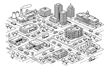Fototapeta premium Hand drawn line art illustration of an isometric city depicting modern urban landscape with buildings and vehicles for web design and business presentations