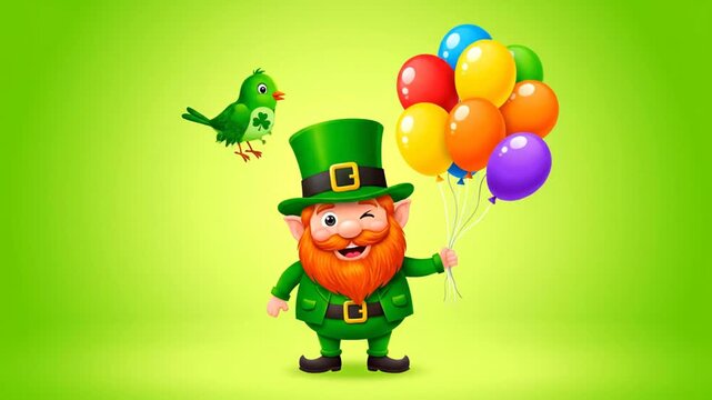 A cheerful leprechaun in a green suit holds colorful balloons with a green parrot flying beside him on a bright green background.