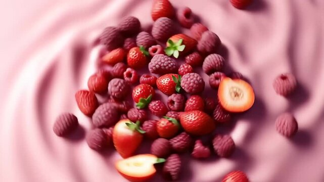 Fresh strawberries and raspberries mixed on a pink background during daytime for a healthy snack or dessert option