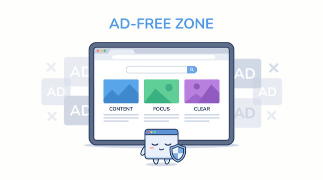 Digital Illustration, Ad-Free Zone Concept, Online Environment, Flatlay Design, Technology Focused, Anime-Inspired Style