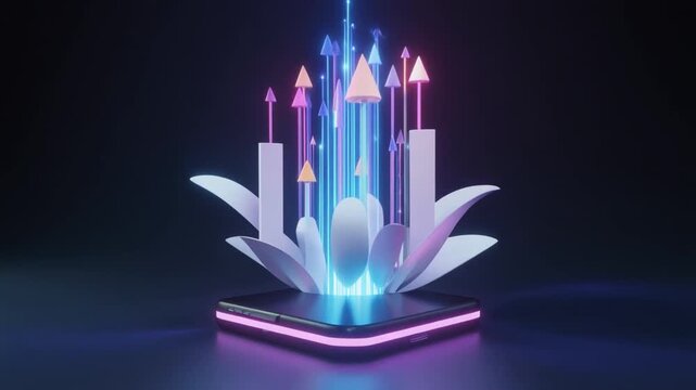 A futuristic smartphone with animated blue and pink neon arrows rising from the screen, symbolizing digital business growth, data analytics, increased sales, and app performance. Modern technology