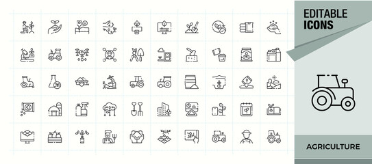 Agriculture line icon set. Harvest icon set. Collection of simple line web icons. Contains such symbols as plant, harvest, land, garden, farm and more. Editable stroke. Vector illustration. © falconixit