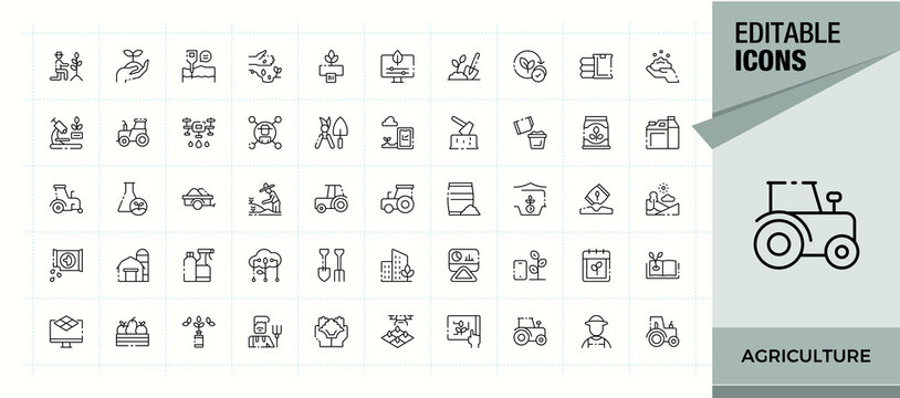 Agriculture line icon set. Harvest icon set. Collection of simple line web icons. Contains such symbols as plant, harvest, land, garden, farm and more. Editable stroke. Vector illustration.