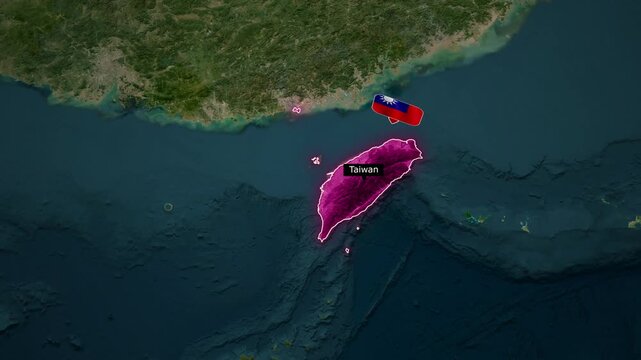 Satellite map zooming into Taiwan with flag location marker
