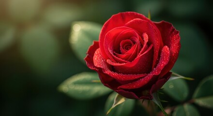 Red Rose with Water Droplets in Soft Light