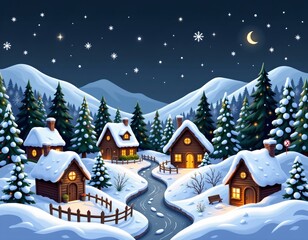Fototapeta premium Cozy Winter Village Scene with Glowing Cottages Night