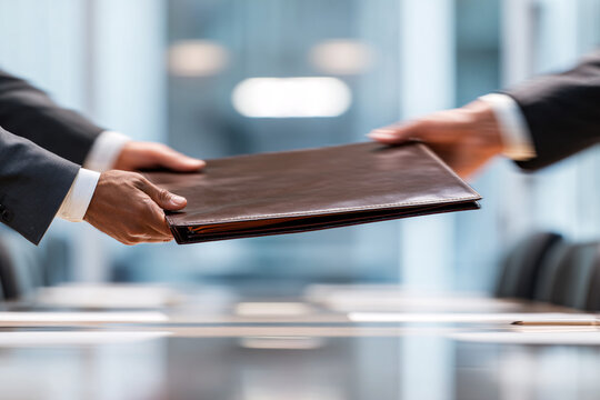 Corporate project handover concept with professionals exchanging confidential file during meeting negotiation.