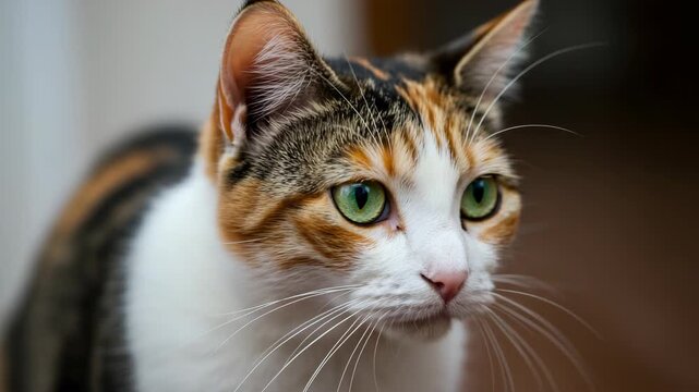 Close Up Portrait of a Calico Cat with Striking Green Eyes Detailed Fur Pattern and White Whiskers Indoor Setting