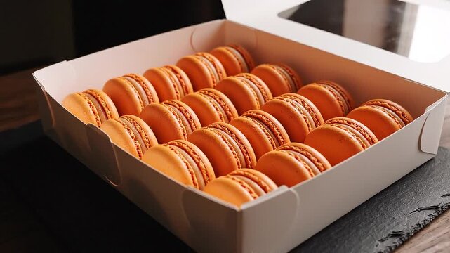 Box of Fresh Orange French Macarons on Dark Surface
