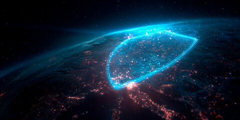 Obraz premium Global digital shield protecting Earth with data security and cybersecurity, modern technology concept with glowing neon outline