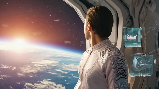 Astronaut in Spaceship Watching Earth Stock Video