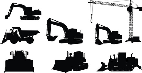 Silhouettes of various construction vehicles including excavators, bulldozers, dump truck, and tower crane, representing industrial machinery and heavy equipment for infrastructure development. © MIJANUR