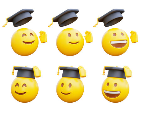 Exciting 3D graduate emoji character throwing a graduation cap into the air for celebration

