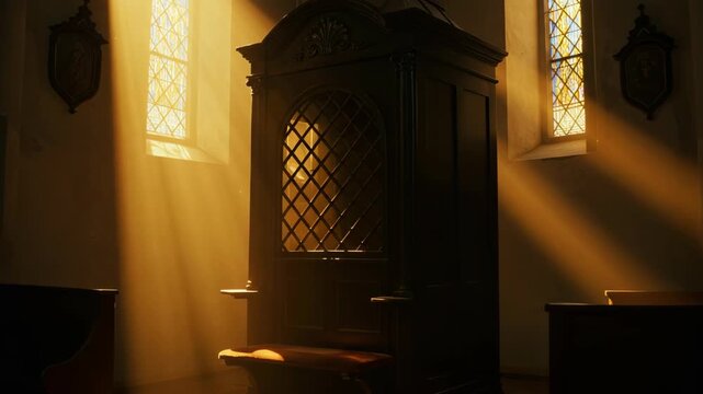 Dark Wooden Confessional In Church With Golden Sunbeams
