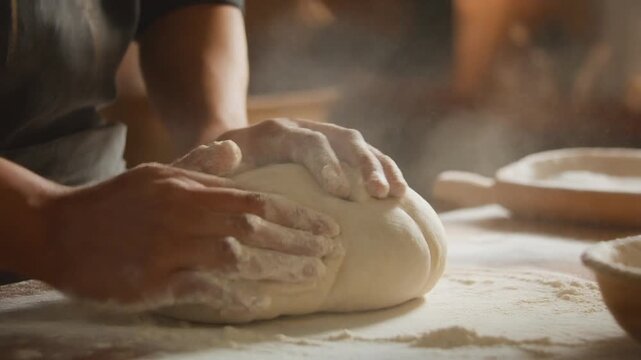 Hands kneading dough on a floured surface in a kitchen environment from a close-up viewpoint