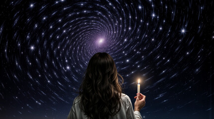 a young woman holding a candle  in the night