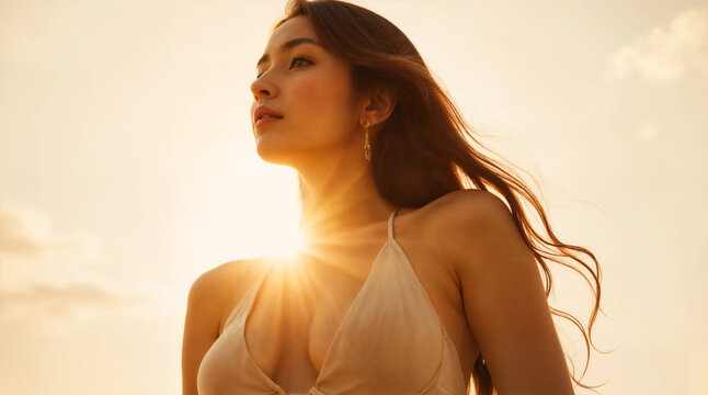 a person wearing a light-colored tank top, captured in a backlit setting with the sun shining behind them, casting a warm, golden glow. The individual has long, flowing hair and is acc