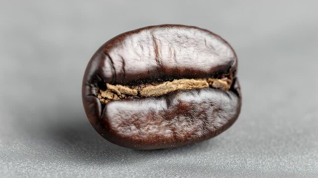 Close view of a roasted coffee bean showing details of its surface and texture in soft light against a simple gray background