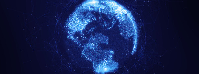 Global digital earth formed by glowing data points and network lines, representing AI, big data, and worldwide connectivity. Ideal for technology, innovation, cybersecurity, future business concepts.