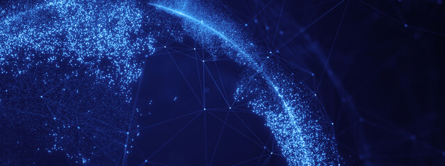 Global digital earth formed by glowing data points and network lines, representing AI, big data, and worldwide connectivity. Ideal for technology, innovation, cybersecurity, future business concepts.