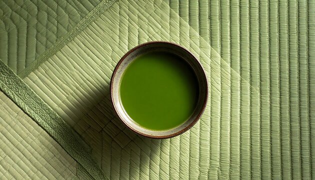 A top-down view of a vibrant green matcha tea in a rustic ceramic bowl.