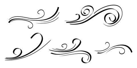 hand drawn set wind doodle blow, gust design isolated on white background