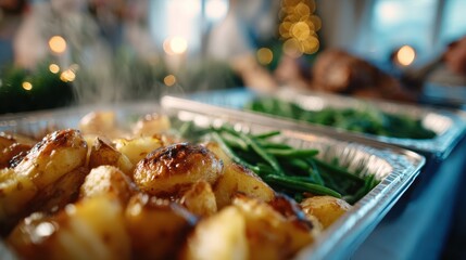 Obraz premium Festive holiday meal in tray with roast potatoes and vegetables for a celebratory feast