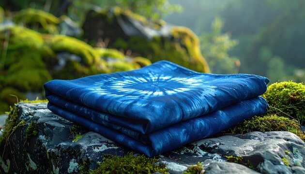 Beautifully folded hand-dyed indigo fabric with a striking sunburst pattern rests on mossy stones in a natural outdoor setting