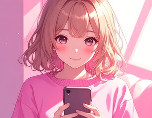 An anime girl with a gentle smile holding a smartphone