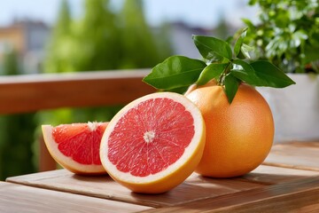 Fresh grapefruit slices on wooden table outdoors