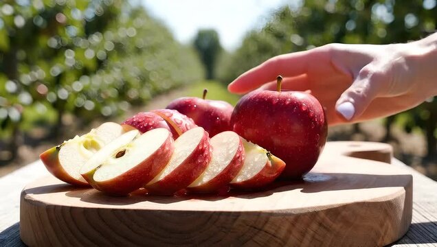 Freshly sliced red apples on a wooden board in a sunny orchard during the autumn harvest season