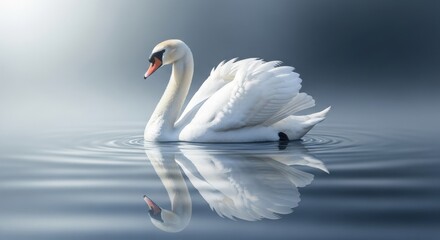 White Swan Gliding on Calm Water