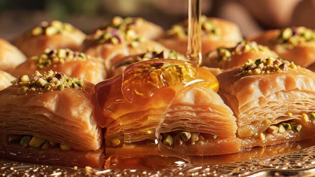 Pouring Honey on Delicious Traditional Turkish Baklava Dessert