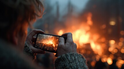Someone filming a large fire with a smartphone, outdoors, in a foggy environment