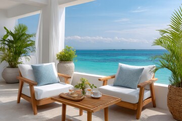 Fototapeta premium Tropical resort terrace overlooking blue ocean water