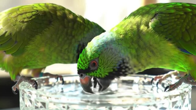 Two green parrots drinking water together.