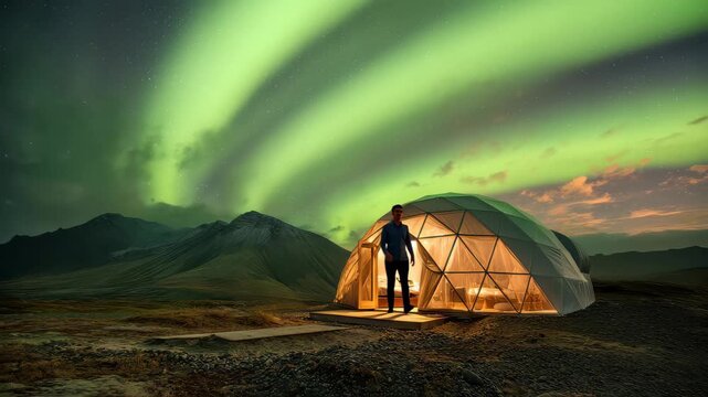 Northern lights dance over a geodesic dome in a remote landscape at night near a mountain range in Iceland