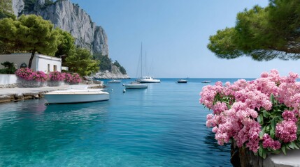 Capri island coastline with beautiful pink flowers and boats