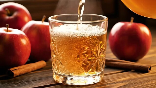 Pouring steaming hot harvest apple cider into a crystal glass with cinnamon sticks and red apples