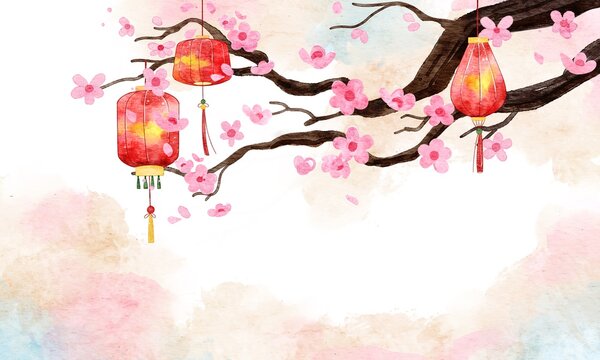 Watercolor background illustration of plum flower and lantern for lunar new year.